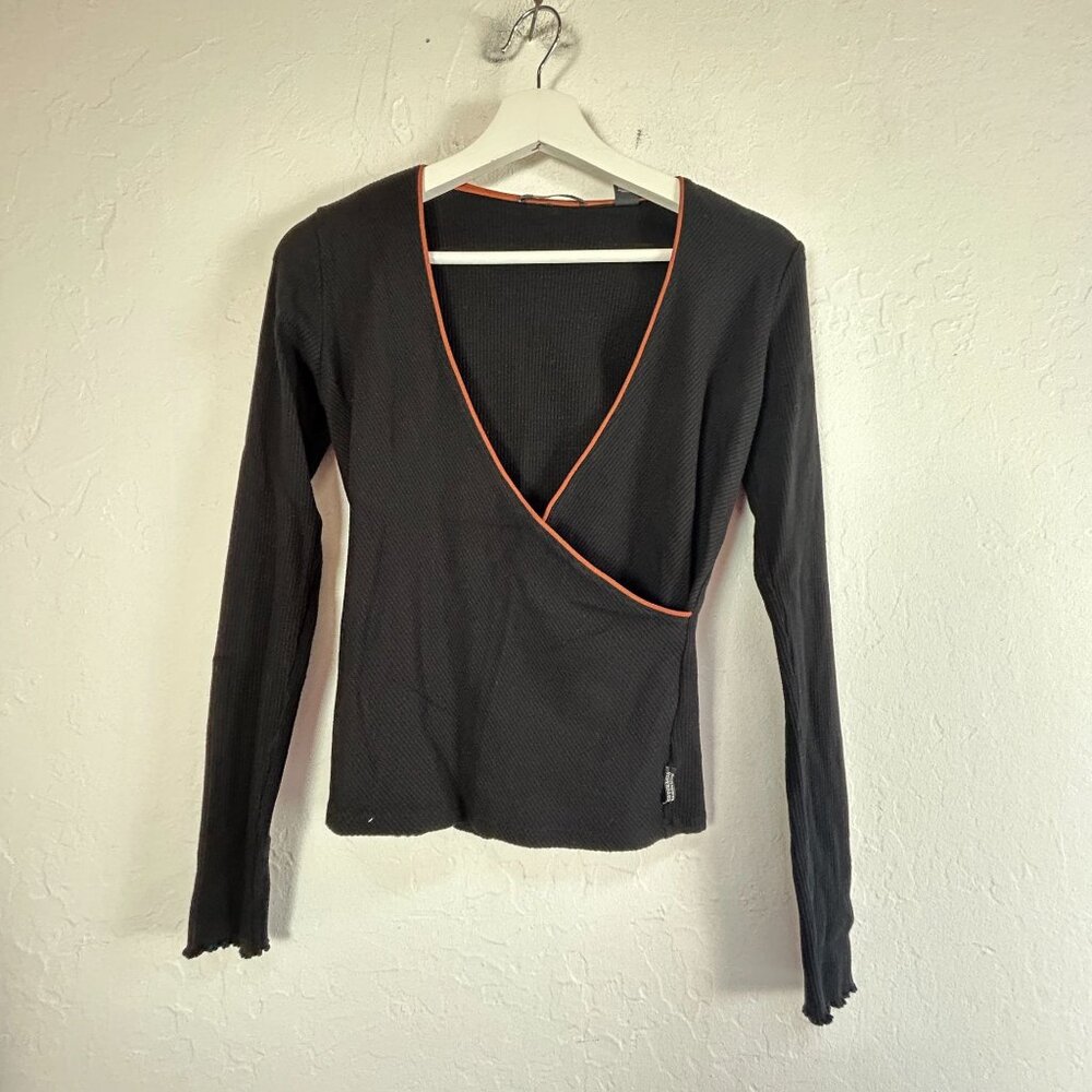 Scotch & Soda Womens Black Ribbed Knit Long Sleeve Faux Wrap Top Medium Stretch